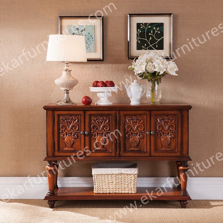 Small Furniture Caveing Console Table With 3 Drawers in Brow